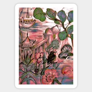 PINK ORIENTAL  ASIAN ART POSTER FLORAL BIRD PAGODA DECO DESIGN PRINT Sticker